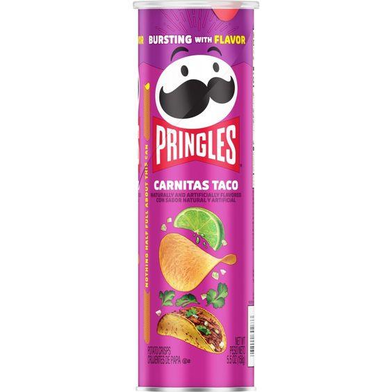Sweet Palace Pringles Carnitas Taco chips in a bowl, showcasing crispy, seasoned snack chips with taco flavor.