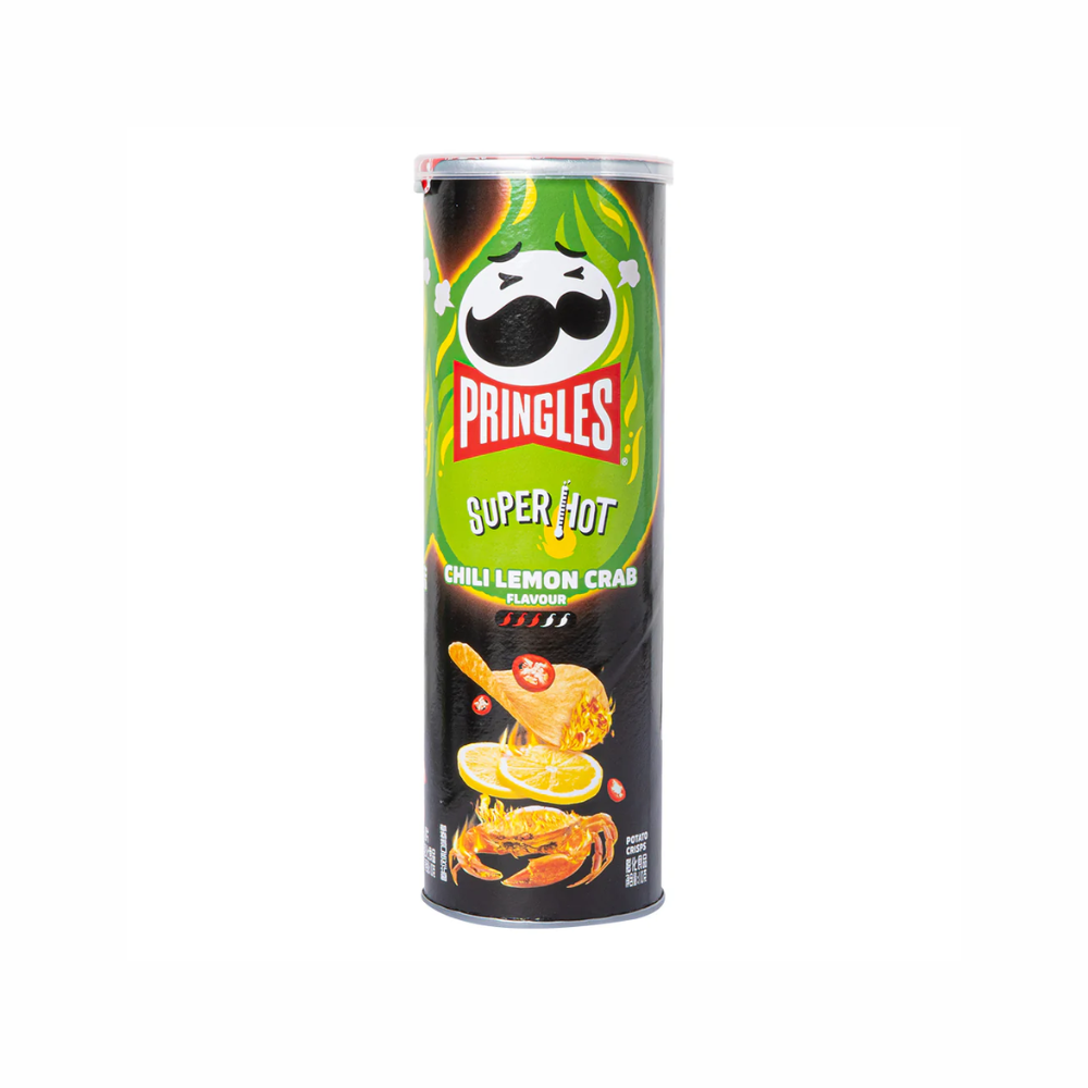 Pringles Super Hot Chili Lemon Crab chips in a bowl, showcasing spicy, tangy flavor with vibrant red and yellow chips.