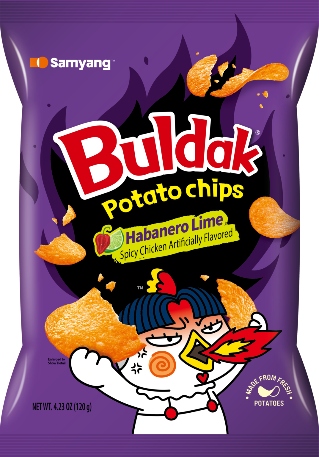 Sweet Palace Samyang Buldak Potato Chips with spicy habanero lime flavor, crispy snack in a colorful bag.