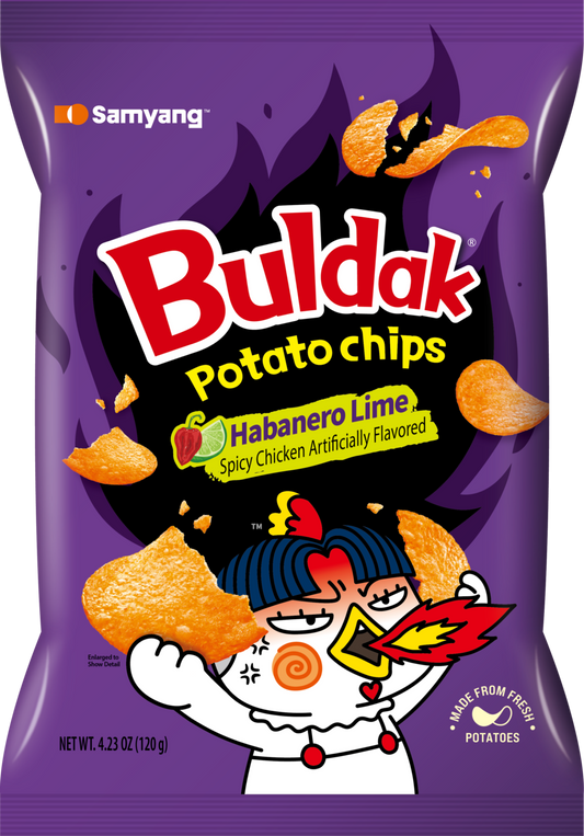 Spicy Samyang Buldak Potato Chips with habanero lime flavor from Sweet Palace, showing crispy chips with seasoning on the surface.