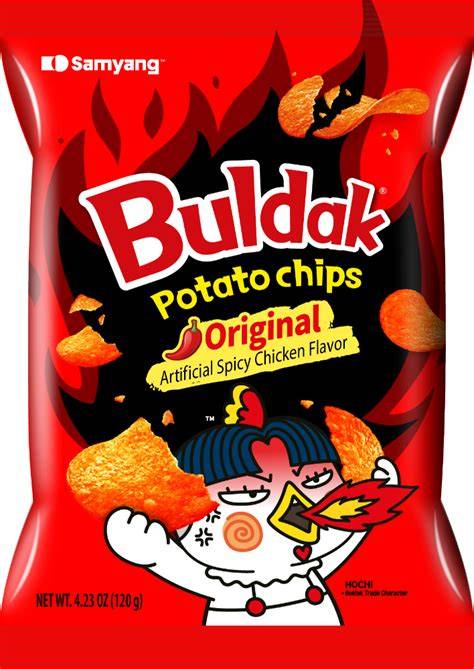 Sweet Palace Samyang Buldak Potato Chips Original in a bright bag with spicy flavor seasoning visible on the chips