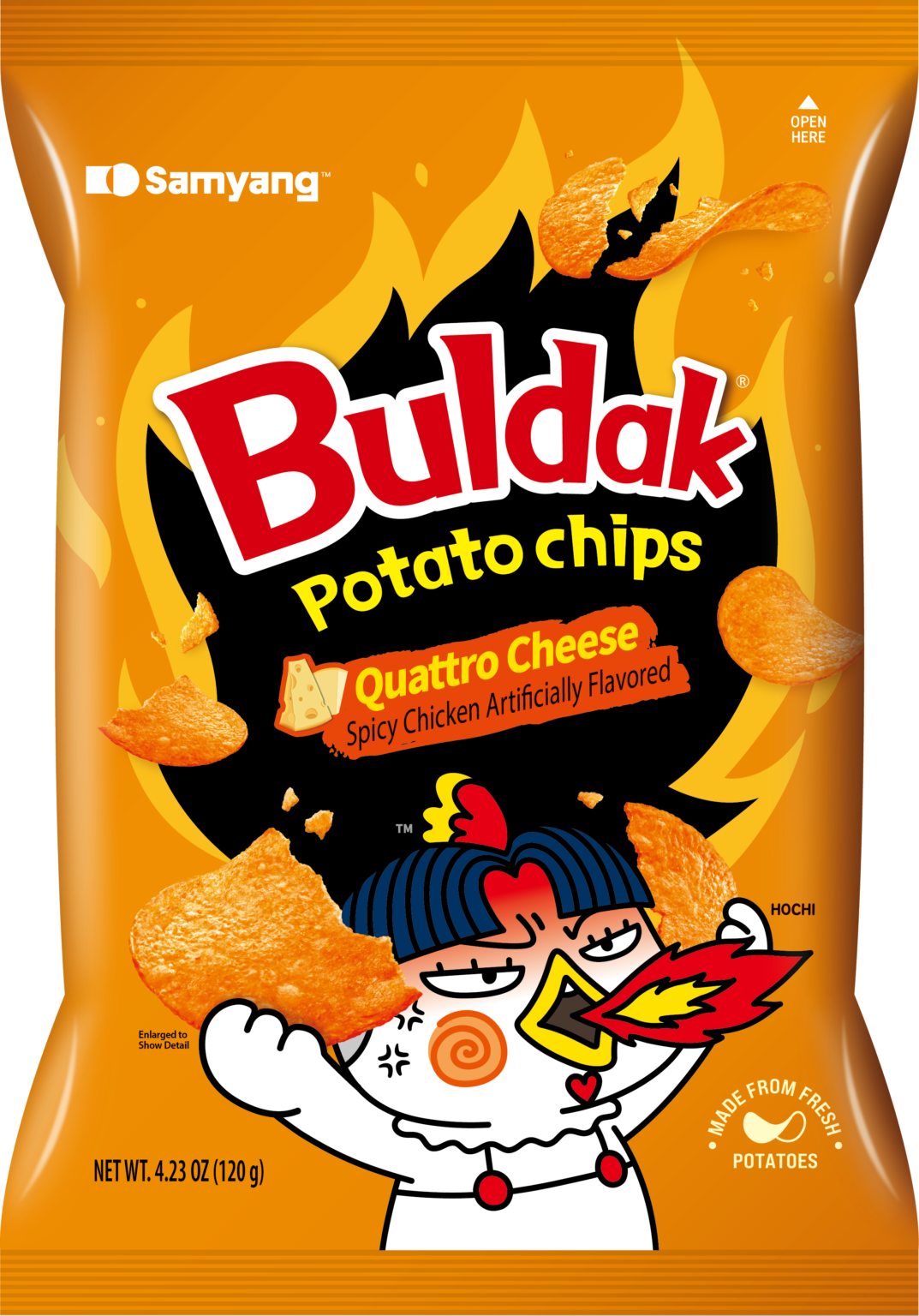 Sweet Palace Samyang Buldak Potato Chips Quattro Cheese in a bag with crispy chips showing cheesy flavor and branding.