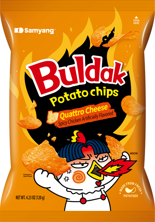 Sweet Palace Samyang Buldak Potato Chips Quattro Cheese, crispy snack with cheesy flavor, shown in a colorful bag on a white background.