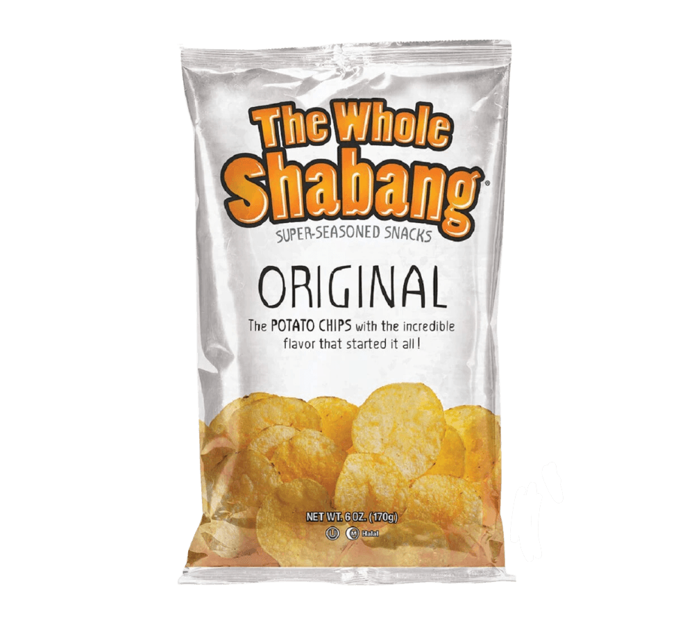 Sweet Palace The Whole Shabang Original chips in a bag, showing colorful flavor packaging and crispy chip details.