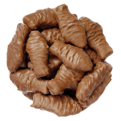 Chocolate-covered gummy bears from Sweet Palace, showing shiny chocolate coating on fruity gummy candies in a 1.2 lb bag.