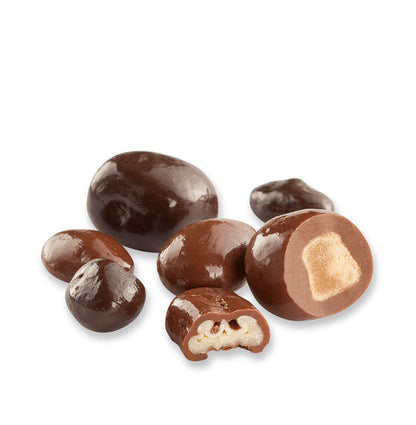 Sweet Palace chocolate-covered nuts, including peanuts, coated in rich chocolate, displayed in a close-up image.