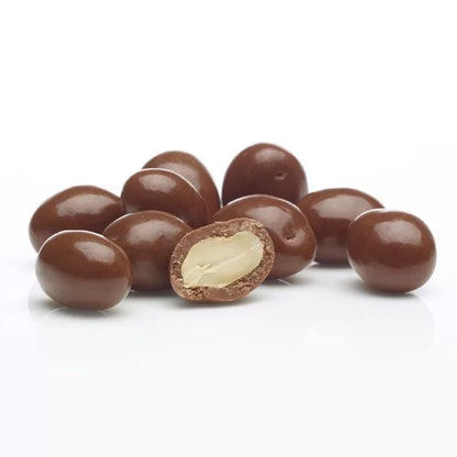 Chocolate-covered peanuts from Sweet Palace, close-up of glossy, crunchy nuts coated in smooth chocolate.