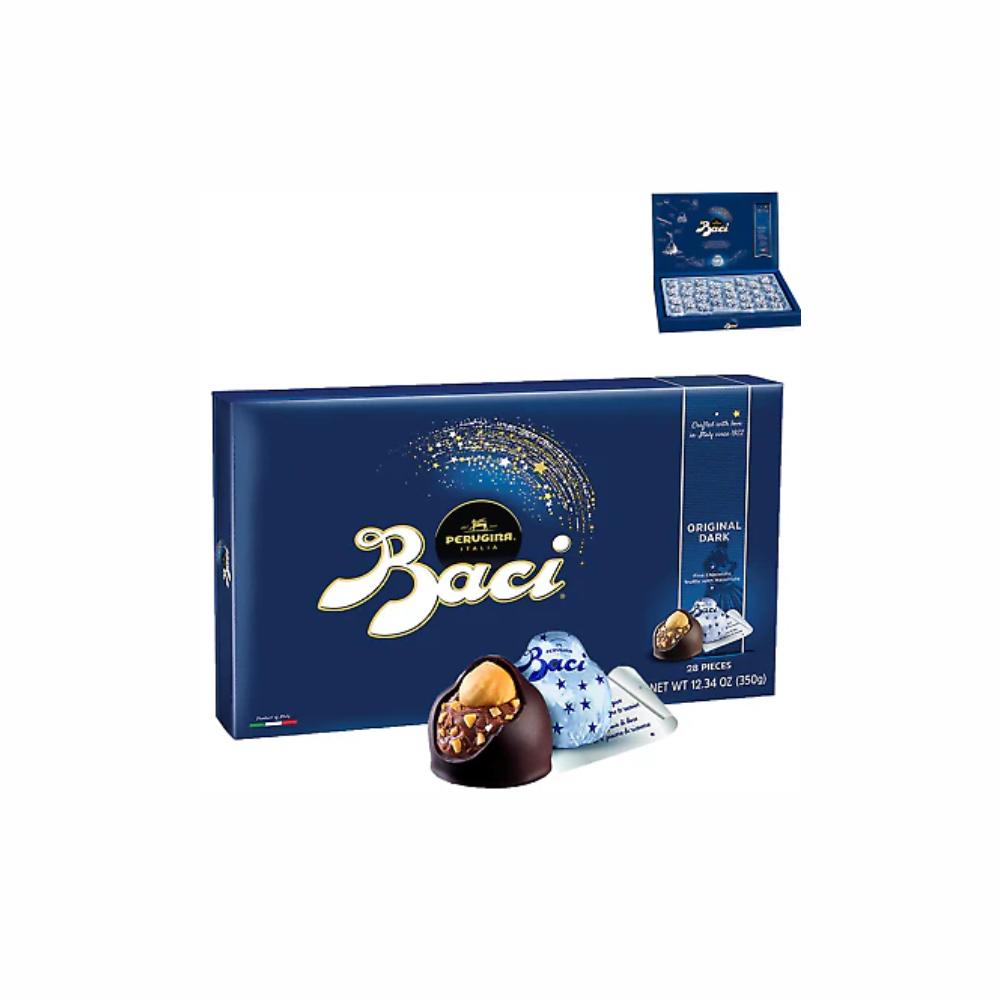 Assorted Baci Chocolates by Sweet Palace in a decorative box, featuring smooth milk chocolate shells with hazelnut filling inside.
