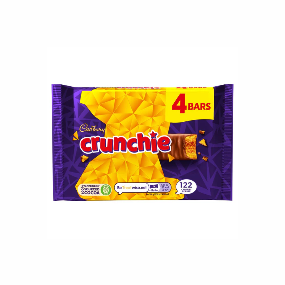 Four Cadbury Crunchie chocolates in a pack from Sweet Palace, featuring honeycomb and milk chocolate coating.