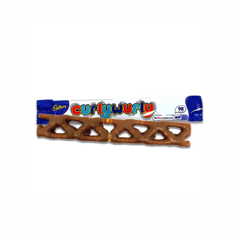 Cadbury Curly Wurly chocolate bar from Sweet Palace, showing the caramel-filled chocolate with curled shape.