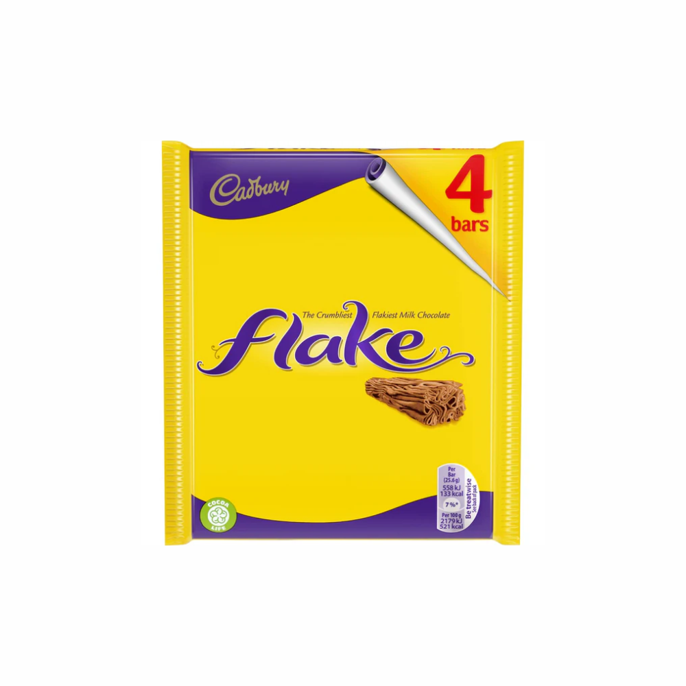 Cadbury Flake 4-pack of chocolate bars from Sweet Palace, showing the iconic flaky chocolate bars in a clear package.
