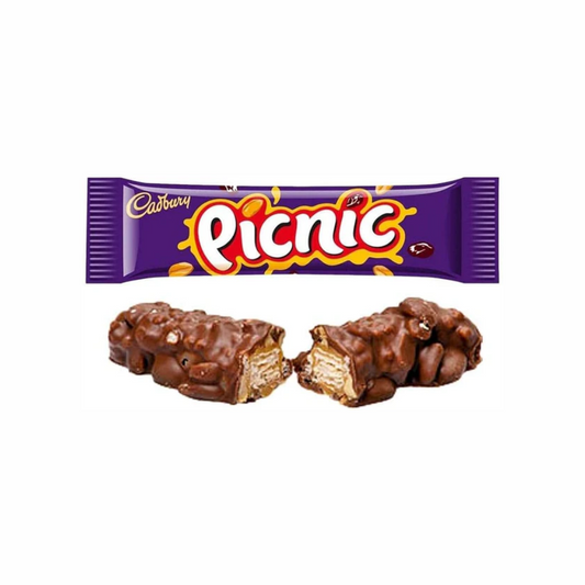 Cadbury Picnic chocolate bar from Sweet Palace, showing a chocolate bar with caramel, peanuts, and crispy wafer pieces.