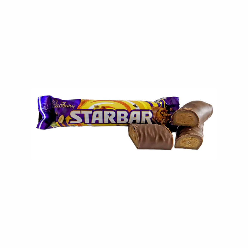 Cadbury Starbar chocolate by Sweet Palace, showcasing the chocolate bar with caramel and nougat filling in a wrapper.