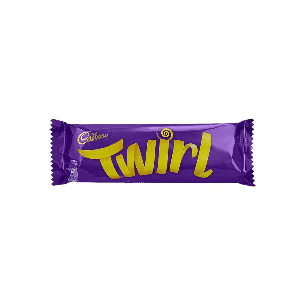 Cadbury Twirl chocolate bar from Sweet Palace, showing the chocolate's crispy swirl texture and packaging.