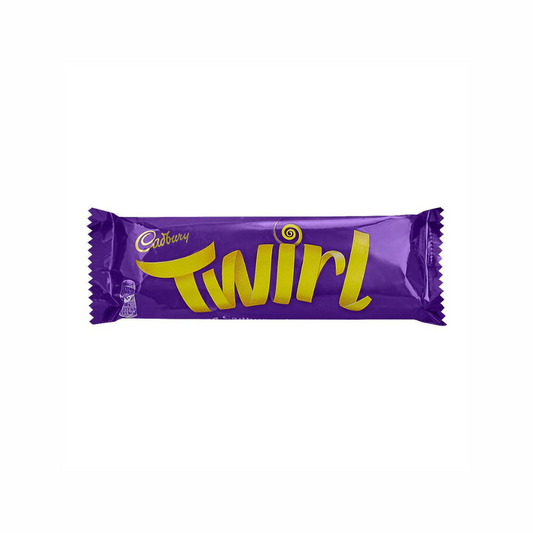 Cadbury Twirl chocolate bar from Sweet Palace, featuring a layered milk chocolate treat with swirled texture and smooth caramel inside.