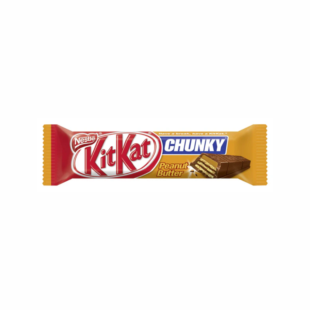 Sweet Palace Kit Kat Chunky Peanut Butter Bar, chocolate with peanut butter filling, showing the bar's coated exterior and logo.