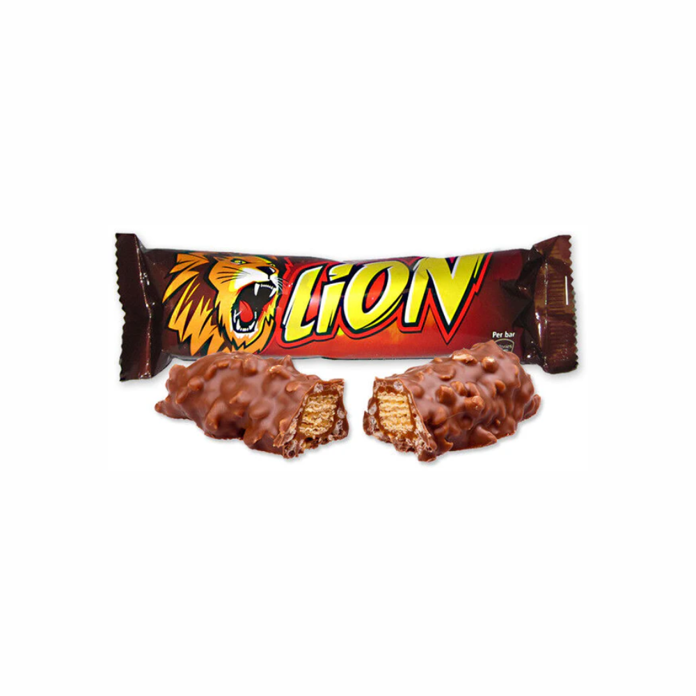 Lion Chocolate Bar by Sweet Palace, showing a chocolate bar with caramel and wafer layers in bright packaging.