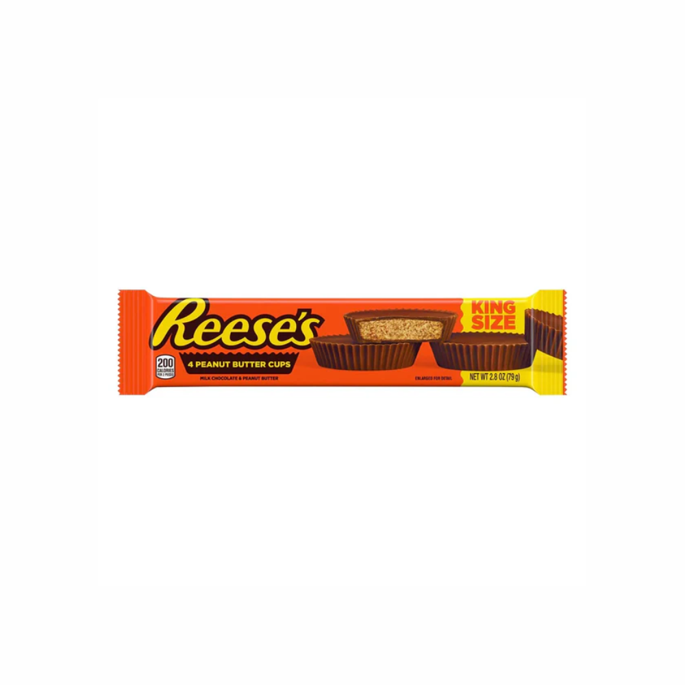 Reese's King Size chocolate and peanut butter cups from Sweet Palace, showing a close-up of the chocolates in a box.