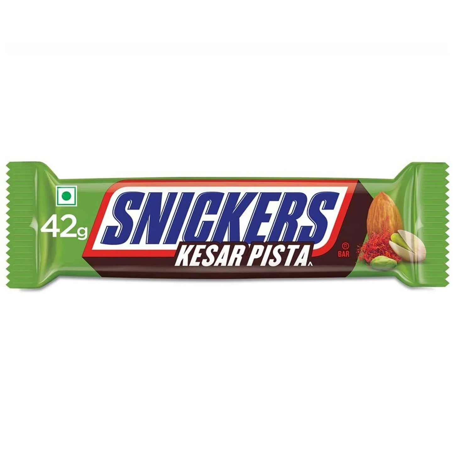 Snickers Kesar Pista chocolates by Sweet Palace featuring rich saffron and pistachio filling in chocolate coating.
