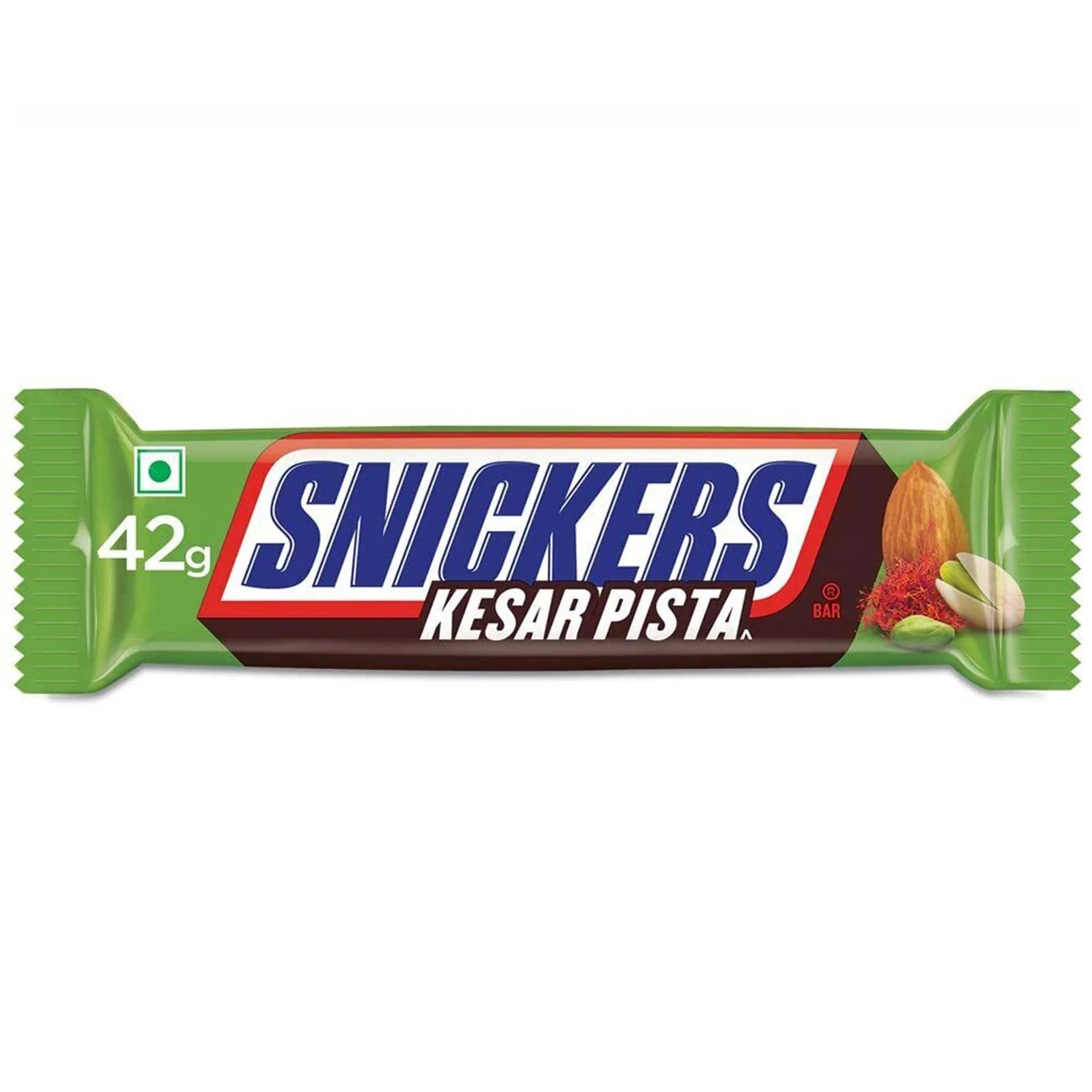 Snickers Kesar Pista chocolates by Sweet Palace featuring rich saffron and pistachio filling in chocolate coating.