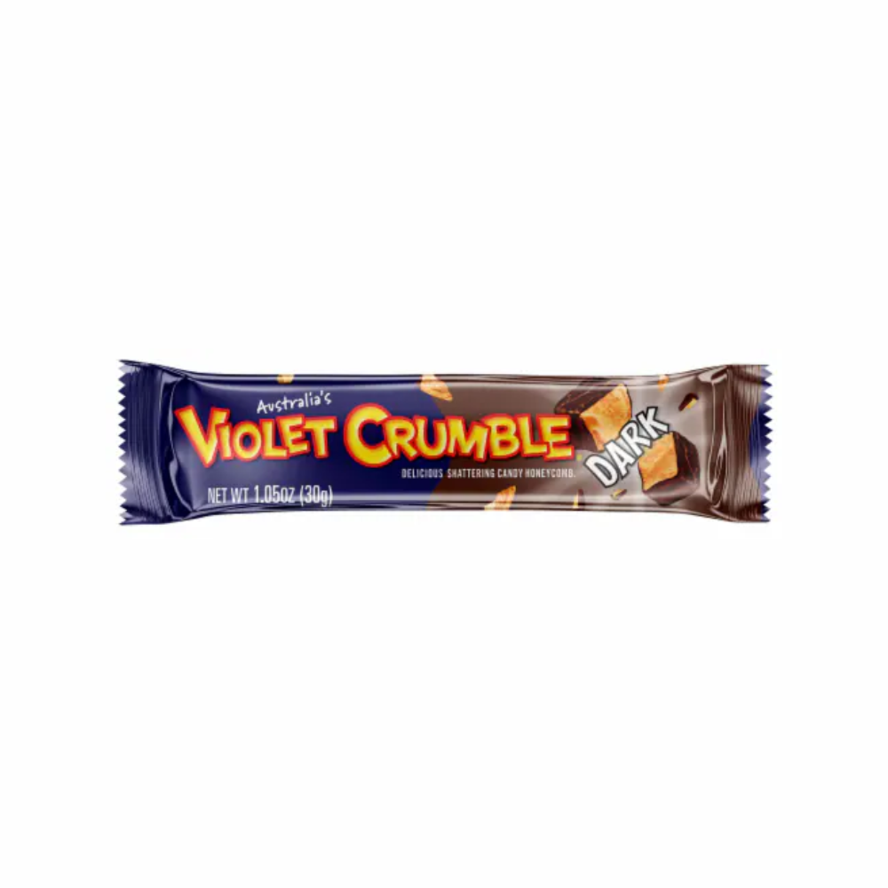 Violet Crumble dark chocolate chocolates by Sweet Palace, showing a close-up of the chocolate bar with crumbled violet flavor pieces.