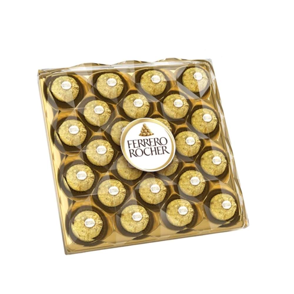Assorted Ferrero Rocher chocolates in a decorative box by Sweet Palace, featuring golden foil-wrapped hazelnut chocolates.
