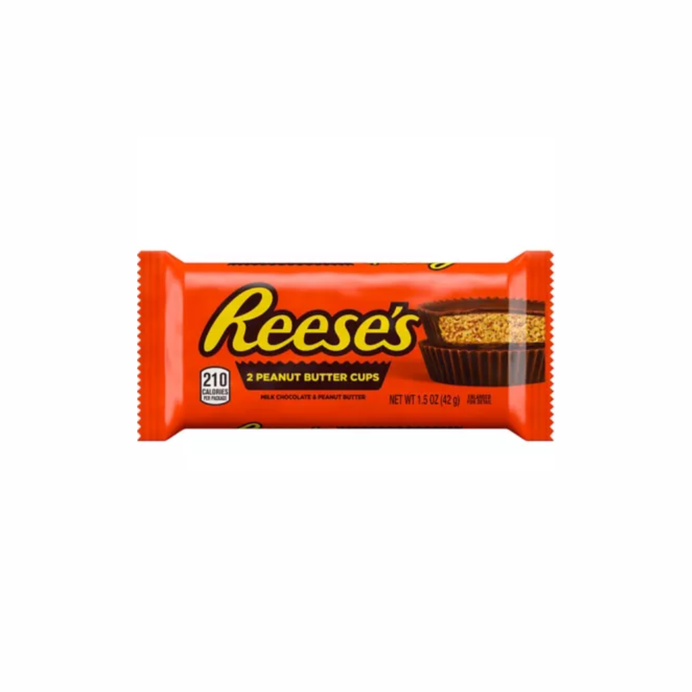 Sweet Palace Reese's Chocolates and Cups, chocolate candies with peanut butter filling, arranged on a white surface.