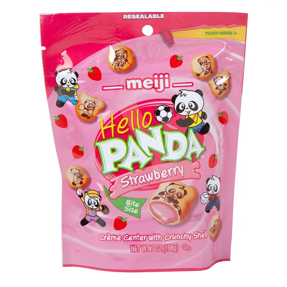 Sweet Palace Hello Panda Strawberry cookies in a clear package, showcasing the cute panda mascot and strawberry flavor.