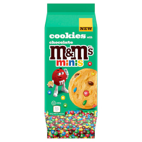 Imported M&M's Minis Cookies by Sweet Palace, showing a box of colorful mini M&M's cookies with chocolate chips and vibrant M&M's.
