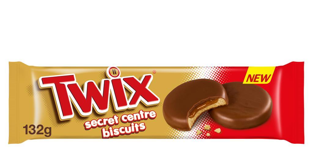 Sweet Palace imported Twix Secret Centre biscuits, showing golden cookies with caramel and chocolate filling inside.