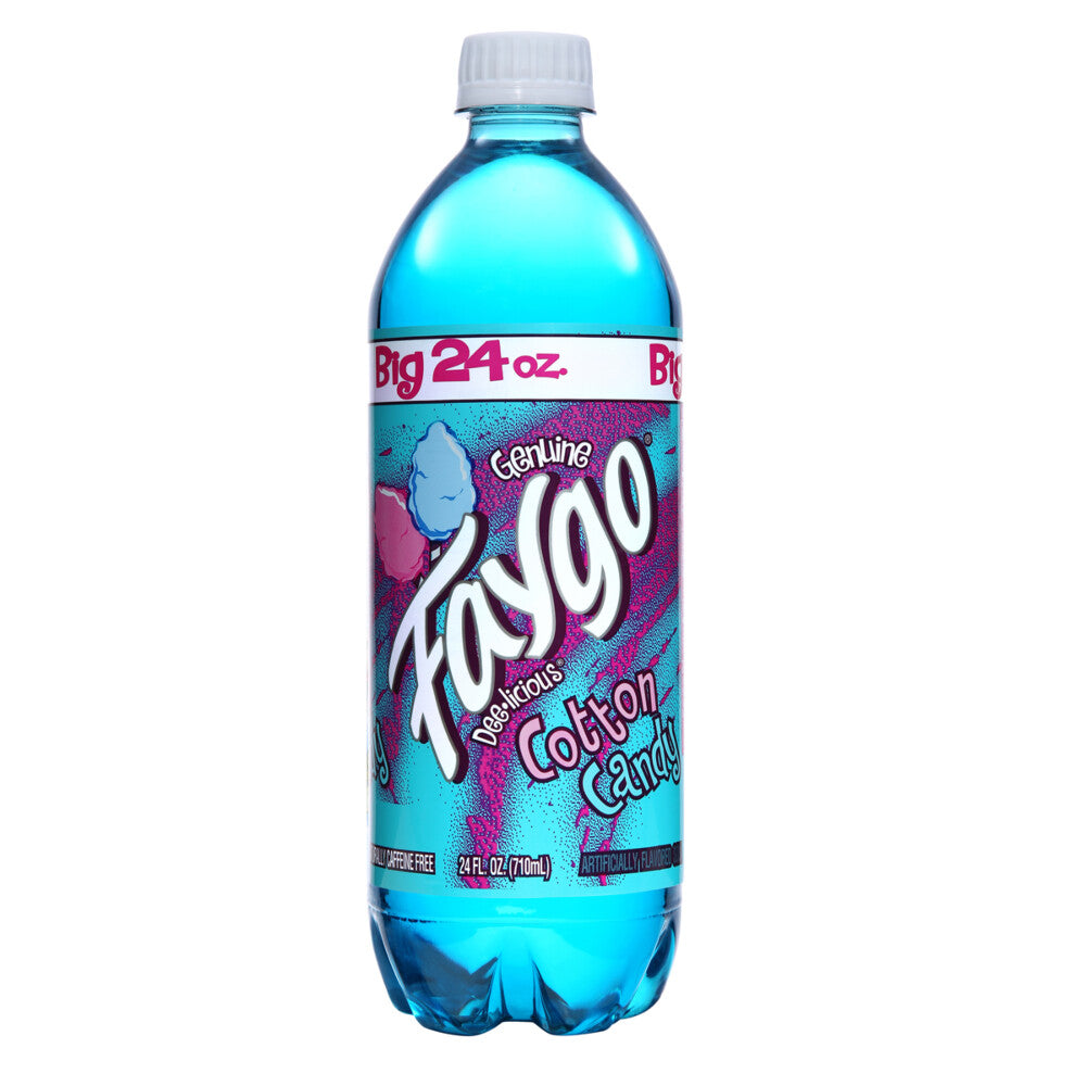 Sweet Palace Cotton Candy Faygo Soda 24/23oz bottle, colorful label featuring cotton candy imagery and vibrant branding.