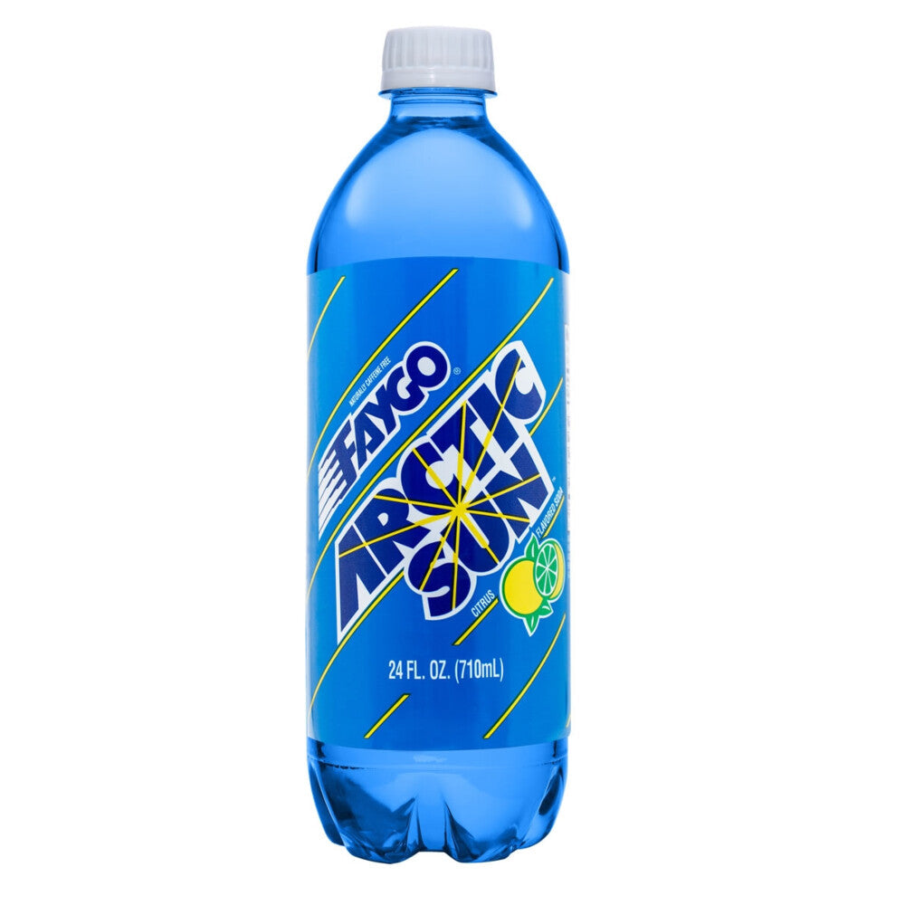 Sweet Palace cotton candy Faygo soda bottle, 24/23oz, with colorful label and clear plastic cap, showcasing the fizzy beverage inside.