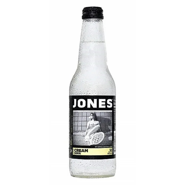 Sweet Palace Jones Glass Bottle with cream soda beverage, clear glass container, vintage style, and colorful label.