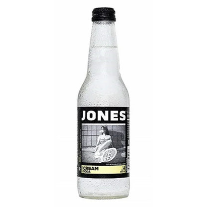 Sweet Palace Jones Glass Bottle with cream soda beverage, clear glass container, vintage style, and colorful label.