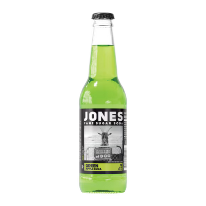Sweet Palace Jones Glass Bottle filled with cream soda, clear glass bottle with vintage-style label, on a plain background.