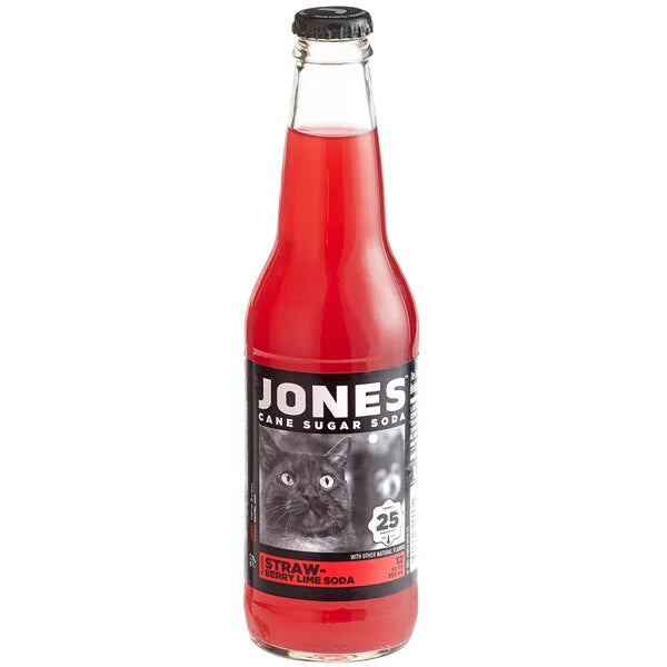 Sweet Palace Jones glass soda bottle with vintage cream soda label and clear glass design.