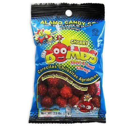 Assorted Cherry Bombs candies from Sweet Palace in colorful packaging, featuring bright red cherry flavor and fun candy shapes.