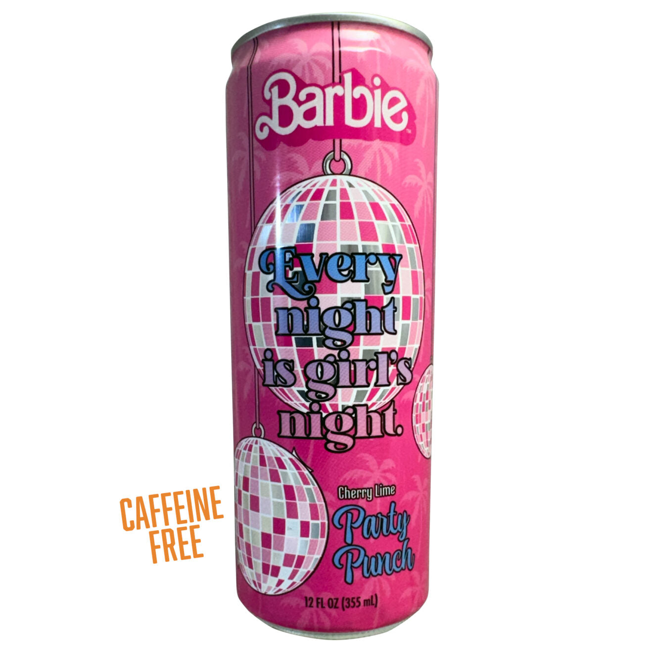 Barbie-themed beverage container for "Every Night Is Girls Night" Party Punch by Sweet Palace, featuring colorful Barbie graphics.