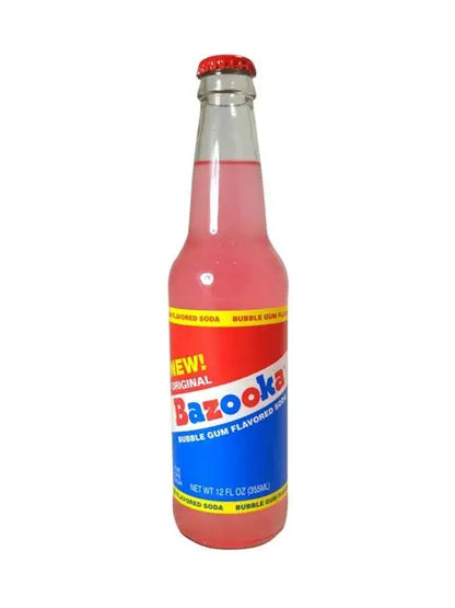 A bottle of Sweet Palace Bazooka Soda with a colorful label featuring cartoon graphics and vibrant colors.