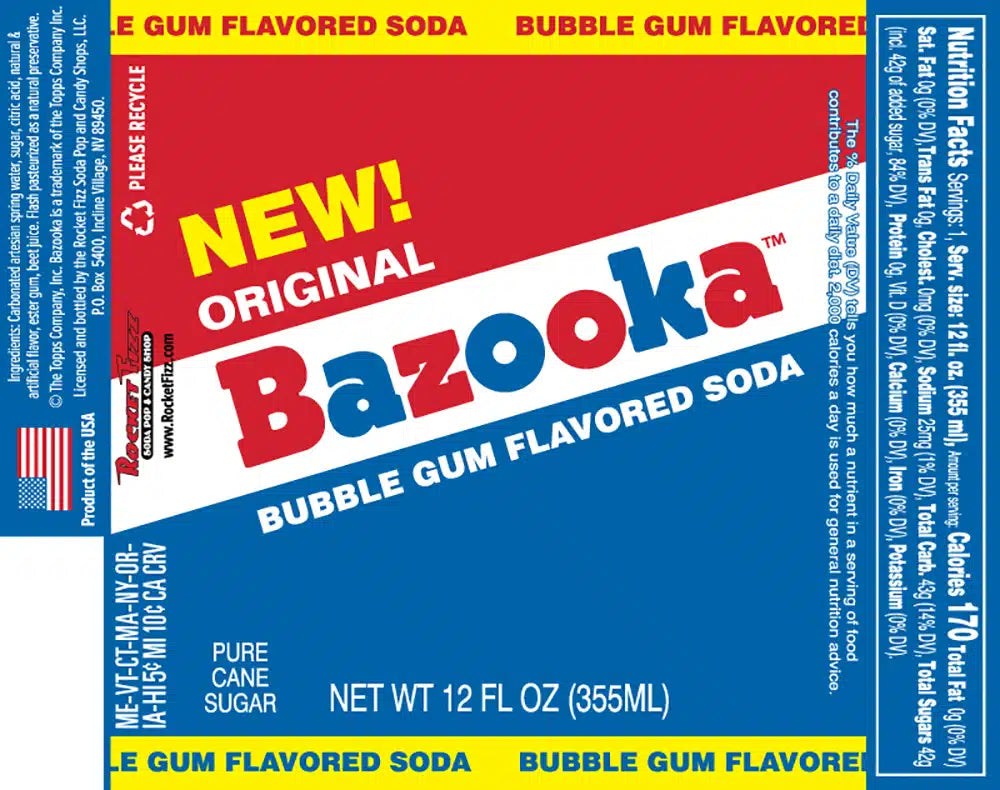 Glass of Bazooka Soda from Sweet Palace with colorful packaging, showcasing the nostalgic candy and soda flavor.