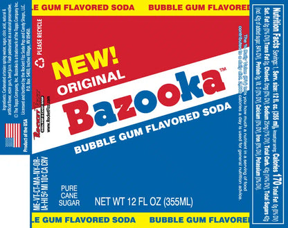 Glass of Bazooka Soda from Sweet Palace with colorful packaging, showcasing the nostalgic candy and soda flavor.