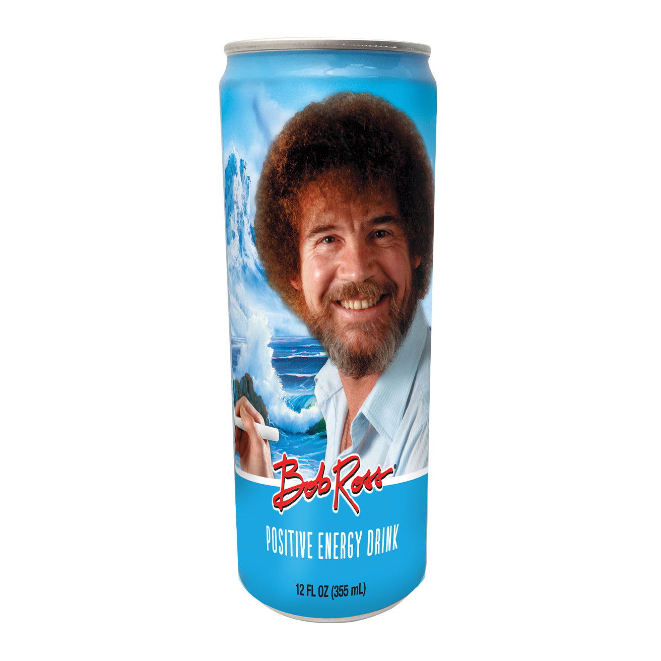Sweet Palace Bob Ross Positive Energy Drink can with colorful label featuring Bob Ross artwork, vibrant and eye-catching.