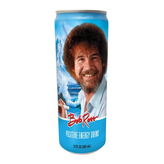Can of Bob Ross Positive Energy Drink by Sweet Palace showing colorful label with Bob Ross artwork and vibrant branding.