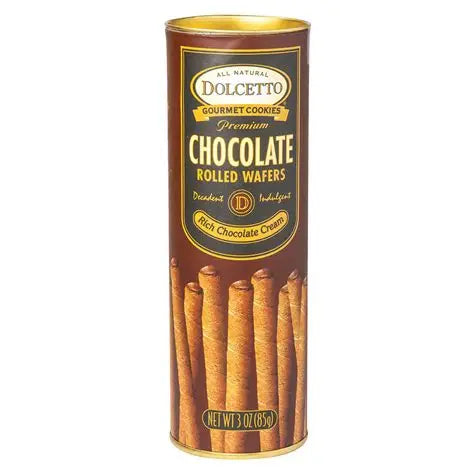 Sweet Palace Dolcetto chocolate rolled wafers in 3oz package, showing crispy wafer rolls coated with chocolate.