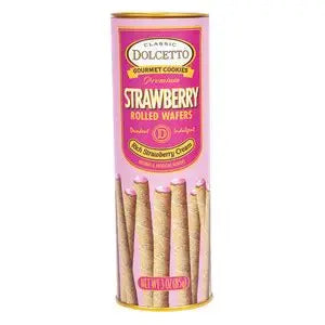 Sweet Palace Dolcetto Strawberry Rolled Wafers in 3oz package, showing crisp, pink strawberry-flavored wafer rolls.