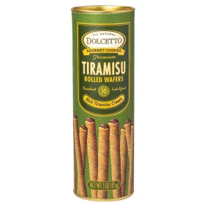 Dolcetto Tiramisu Rolled Wafers by Sweet Palace, 3oz, featuring crispy wafers filled with creamy tiramisu flavor.