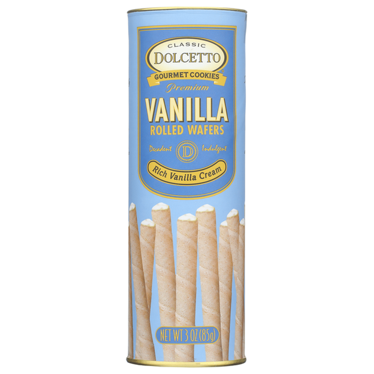 Dolcetto Vanilla Rolled Wafers by Sweet Palace in a 3oz package, showing crispy vanilla-flavored wafer rolls stacked together.