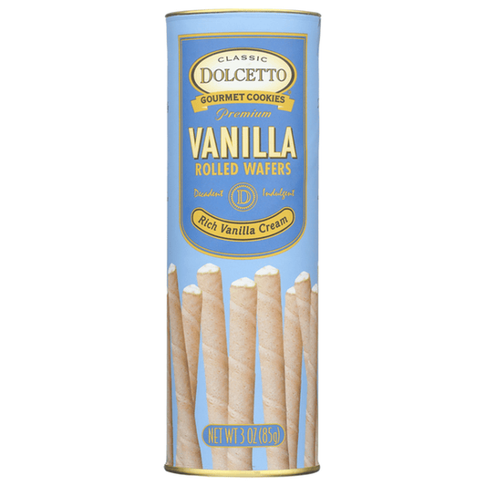Sweet Palace Dolcetto Vanilla Rolled Wafers in a 3oz package, showing golden vanilla-flavored wafer rolls stacked neatly.