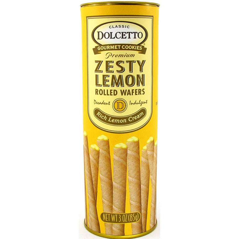 Sweet Palace Dolcetto Zesty Lemon Rolled Wafers in 3oz package, showing crispy, lemon-flavored wafer rolls with textured surface.