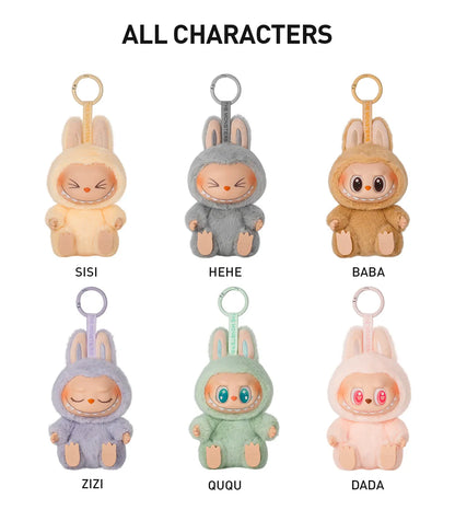 Sweet Palace Have A Seat Labubu plush toy in soft pastel colors, featuring a cute, round design with embroidered face details.